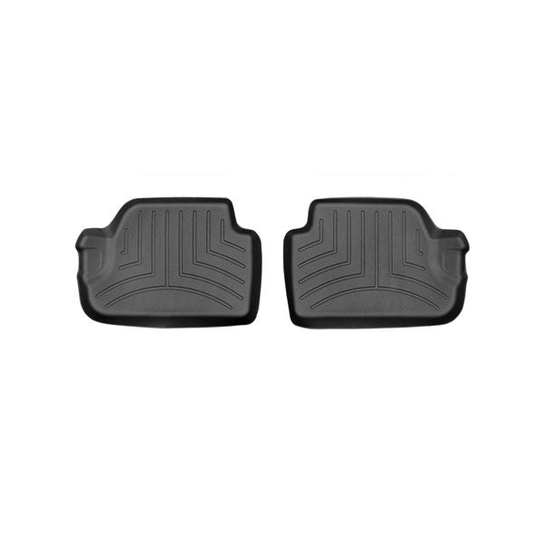 Two Weathertech Floorliners for the BMW 2 Series RWD Convertible (F23, 2014-2019) 2nd row, in black rubber with raised grooves and textured pattern, offer superior protection and are displayed side by side on a white background.