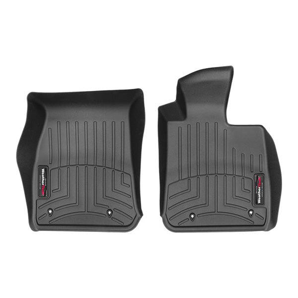 Weathertech Floorliner for BMW 2 Series RWD Coupe/Cabrio (F22/F23) 2014-2019 includes two black, custom-fit rubber mats with grooved patterns and raised edges for front seats. Each interior carpet liner has a small branded label in one corner.