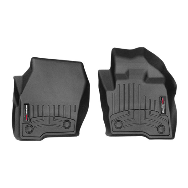 WeatherTech Floorliner for Ford Edge (2016-) 1st row: two black, contoured mats with raised edges, textured surfaces, molded grooves to trap dirt and moisture, and WeatherTech logo—designed for superior carpet protection.