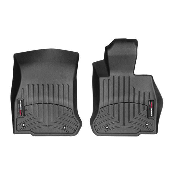 The WeatherTech Floorliner for BMW 6 Series (2012-2018) F12/F13, 1st Row, includes two black contoured mats with raised edges and grooves for superior protection, branded labels, secure attachment points, and premium quality.