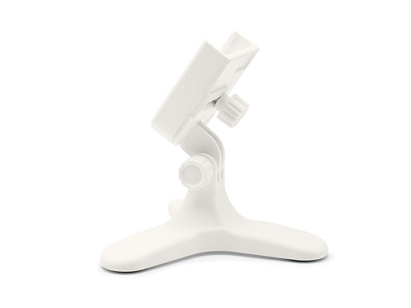 The Weathertech DeskFone White is an adjustable plastic stand with a wide, stable base and dual knobs for angle adjustment, designed to securely hold small monitors, tablets, or smartphones on your desk.