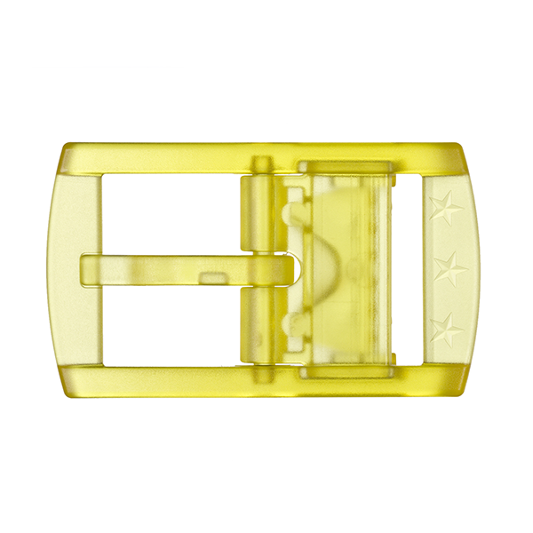 The Weathertech WeatherTech Star Belt features a translucent yellow plastic buckle with two embossed stars, ideal for a metal-free belt. Shown on a white background.
