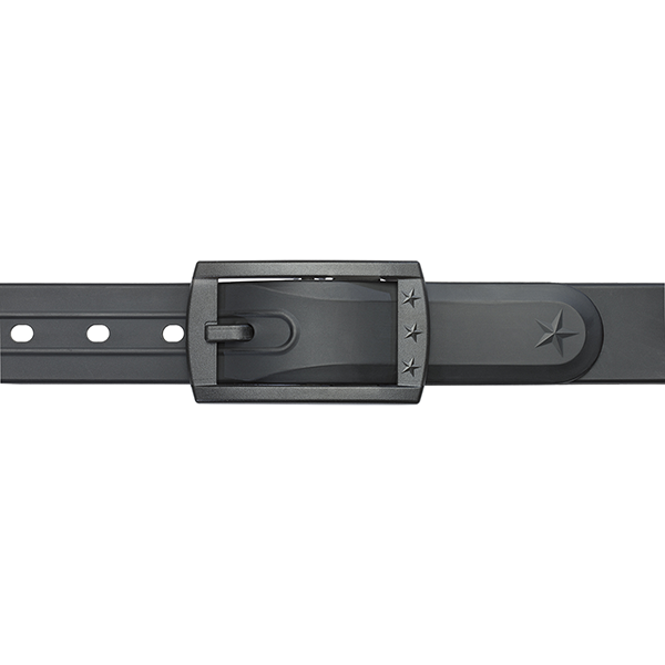 The WeatherTech Star Belt by Weathertech is a black adjustable belt with a rectangular buckle, embossed stars, and a star emblem on the strap. It features multiple adjustment holes for a perfect fit.