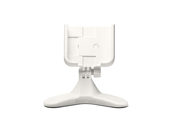 The Weathertech DeskFone White is a plastic desktop cell phone holder with a wide, stable base and adjustable holder for your device, shown on a plain white background.