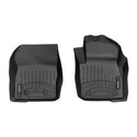 Weathertech Floorliner for Ford Focus Manual (2015-2018), 1st row, features two black molded rubber mats with raised edges and textured grooves for optimal carpet protection. Designed for driver and passenger sides, each mat has a branded corner label.