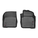 The Weathertech Floorliner for Ford Focus Manual (2011-2015) includes two black, custom-fit, 1st row mats with grooved, raised edges and a logo label, providing superior floor protection as durable interior liners.
