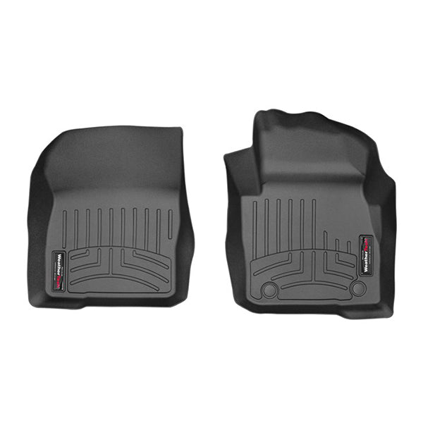 The Weathertech Floorliner for Ford Focus Manual (2011-2015) includes two black, custom-fit, 1st row mats with grooved, raised edges and a logo label, providing superior floor protection as durable interior liners.