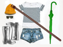A striped t-shirt, denim shorts, gray rain boots, yellow knit hat, sunglasses, green umbrella, and a Weathertech WeatherTech Star Belt are laid out flat on a white background.