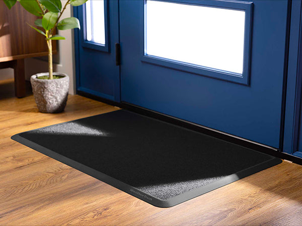 The WeatherTech Carpet Mat by Weathertech rests on a wooden floor in front of a blue glass-paneled door, partially lit by sunlight, with a potted plant positioned to the left.