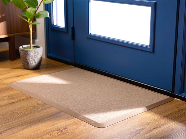 A WeatherTech Carpet Mat by Weathertech sits on a wooden floor before a blue glass-paneled door, while sunlight highlights a nearby potted plant.