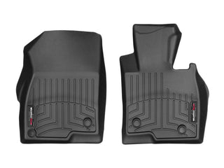 Weathertech Floorliner for Mazda3 (2013-2019) 1st Row offers two black all-weather mats with textured grooves, raised edges, branded label, and anchor points. Protects front carpets from dirt and spills on both driver and passenger sides.