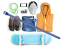 Flat lay of casual items: green headphones, smartphone, cap, orange hoodie, brown shoes, vintage camera, blue jeans, blue skateboard, and the WeatherTech Star Belt by Weathertech placed diagonally across the image.