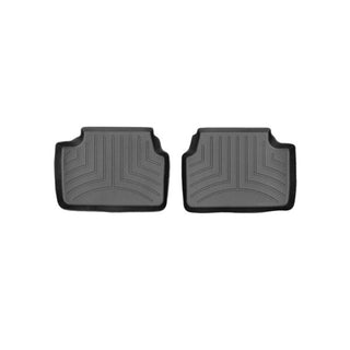 Two black, rectangular Weathertech Floorliner mats for the Mini Cooper 5-Door F55 (2014-, 2nd Row) feature raised edges and grooved patterns for reliable floor protection, displayed side by side on a white background.