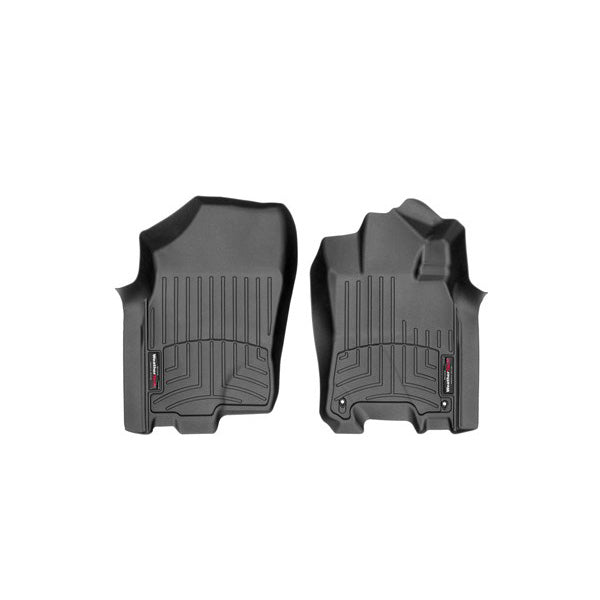 The Weathertech Floorliner for Nissan Navara (2016-2020) - 1st Row, shown in black on a white background, features custom fit, raised edges, and textured surfaces to protect your front interior carpet and keep it clean.