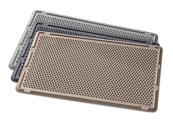 Three rectangular WeatherTech Outdoor Mat 24′ x 39″ units with a textured hexagonal pattern, stacked in tan, dark gray, and light gray.