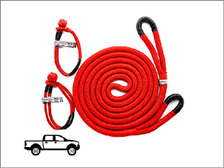 The Weathertech 7/8 Recovery Rope System, featuring a coiled red rope with black reinforced loops and two red soft shackles, is displayed on a white background. A black pickup truck icon appears in the bottom left corner.