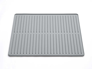 Rectangular gray WeatherTech Dish Mat Contain with a series of parallel drainage ridges.