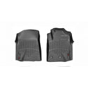 Weathertech Floorliner for Toyota Land Cruiser V8 J200 (2012-2019) 1st row: two black, textured mats with raised edges. Driver mat has ridges and logo; passenger mat features contours and dual anchors for better protection.
